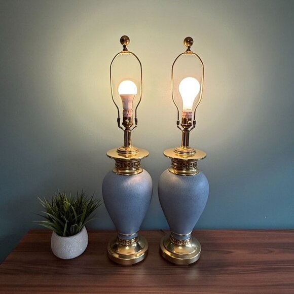 Vintage Ethan Allen Asian Blue Robins Egg & Gold Lamps 3 Way Set Of 2 EUC Works - Picture 2 of 10